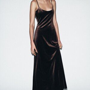 NWT SIZE SMALL BROWN LONG VELVET MAXI DRESS THIN STRAPS 90S 5070/452/700 ZARA